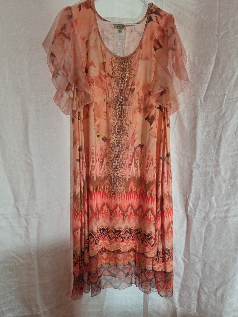 ONE WORLD Peach Coral Floral Midi Dress with Ruffle Sleeves NEW